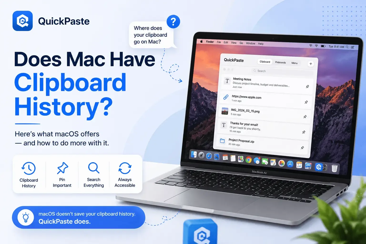 QuickPaste on a MacBook showing clipboard history with copied text, links, images, and files on macOS.